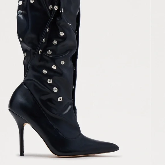 Fashion Nova Black Stiletto Boots with Grommet Detailing - Picture 4 of 4